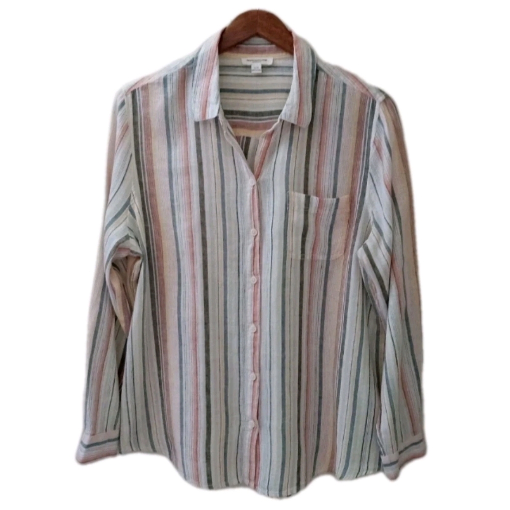 Anthropologie Beach Lunch Lounge Linen Blend Tunic Shirt Long Sleeves Womens L